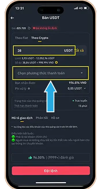 Bước 5: Điền số tiền USDT muốn bán → Tại mục chọn phương thức thanh toán, chọn "chuyển khoản ngân hàng" → Chọn ngân hàng của bạn đã liên kết trước đó để nhận tiền.